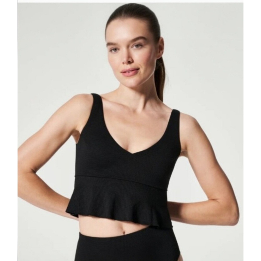Spanx Pique Peplum Swim Top Black V-Neck Textured Bikini Top Large Feminine